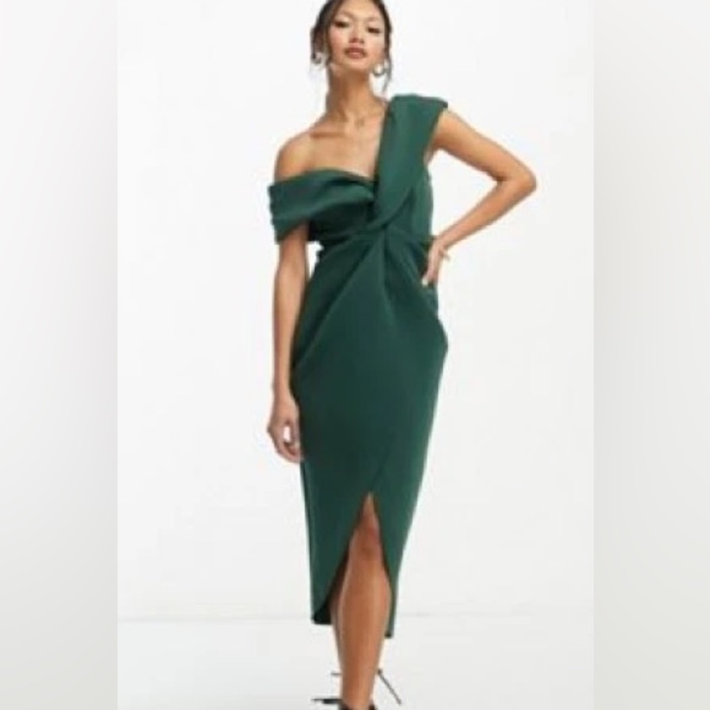 NWT ASOS DESIGN off shoulder twist front midi dress in deep green Size 4